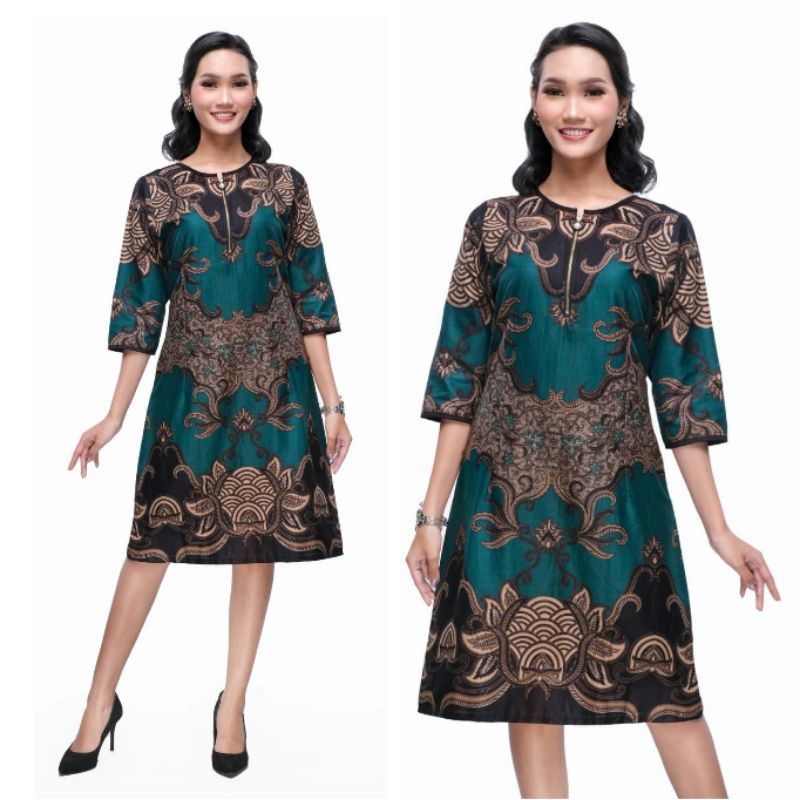 Dress Wanita Jumbo 4L-5L Batik Tunik Big Size Modern Lengan ¾ Seragam Terusan Batik Kantor Wanita VV-Hj