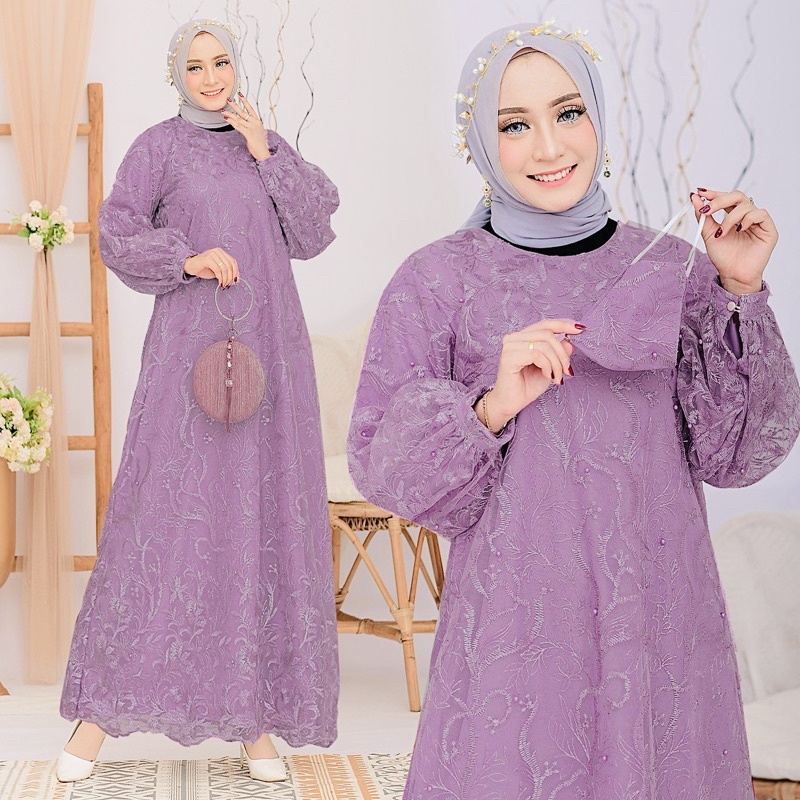 (New Free Masker Brukat) Arumi Full Brukat Tile Mutiara / Size S-M, L , XL, XXL / Gamis Pesta / Gamis Kondangan / Gamis Brokat Muslimah