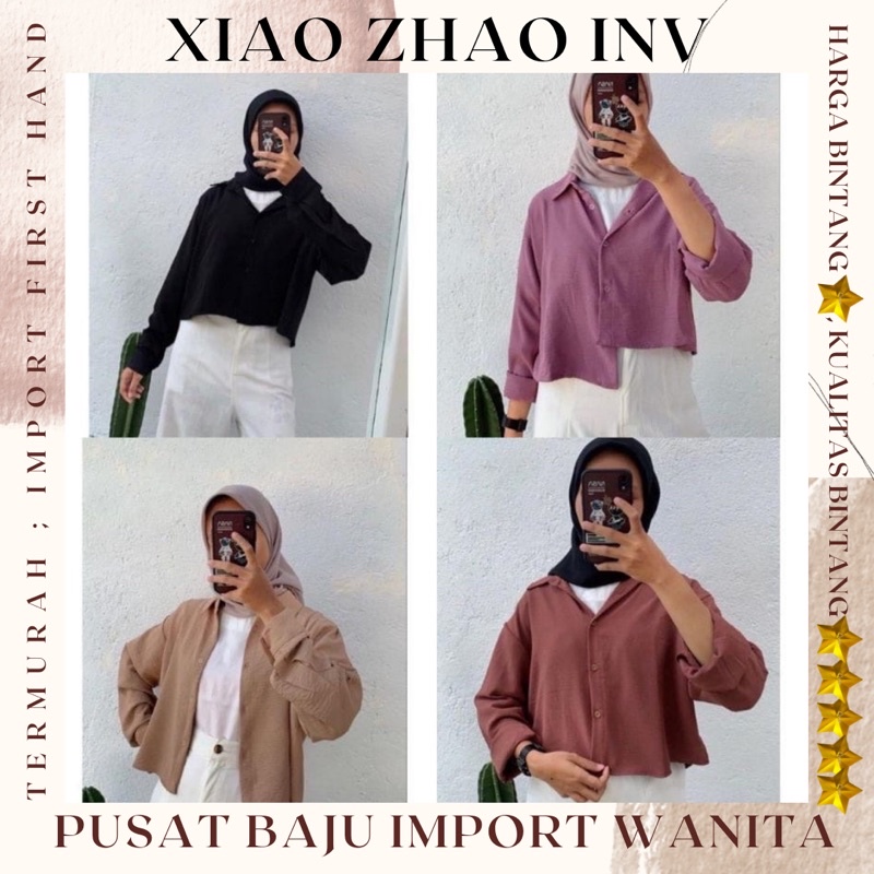 Kemeja Crop Polos Lengan Panjang Korean Style Premium Fit to L/ Hanin Crinkle Shirt/ Kemeja Crop Han