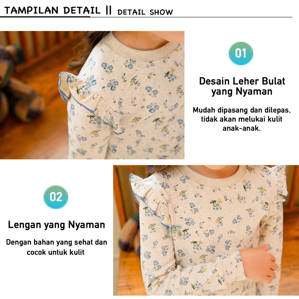 LNR Shop PA-002 - PA-006 Girls Pajamas 95% Katun Halus Lembut Tebal Baju Tidur Anak Perempuan 1 Set Lengan dan Celana Panjang Motif Bunga Bunga Aksen Ruffle Pakaian Tidur Cewek Piyama Girls HYTS