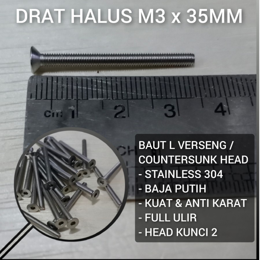(15pcs) Baut Verseng 3mm x 35mm Baut Verseng 3x35 Kunci L 2 Stainless 304 Countersunk Head 3MM
