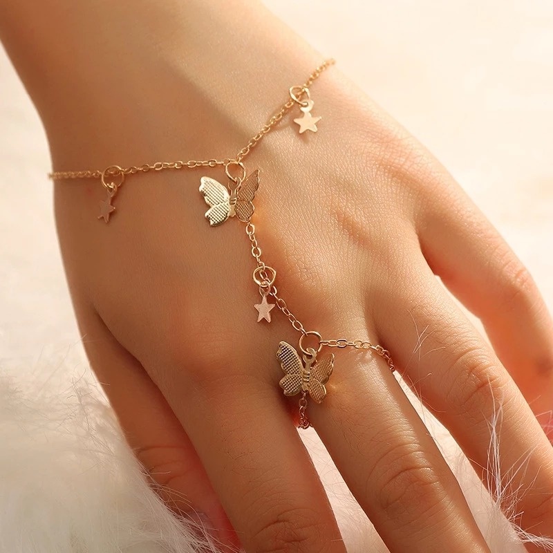 INS Style Gold Butterfly Star Pendant Bracelet/ Golden Butterfly Pendant Hand Chain Finger Ring Set/ Trendy Charm Chain Bracelet Gifts Jewellery