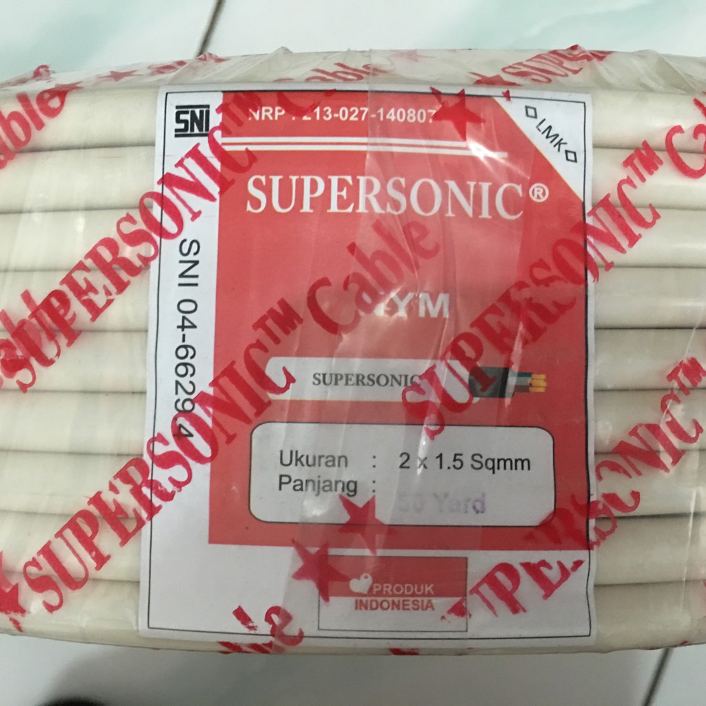 KABEL LISTRIK Tembaga Supersonic Putih ukuran 2x1,5 2x1.5 50Yard