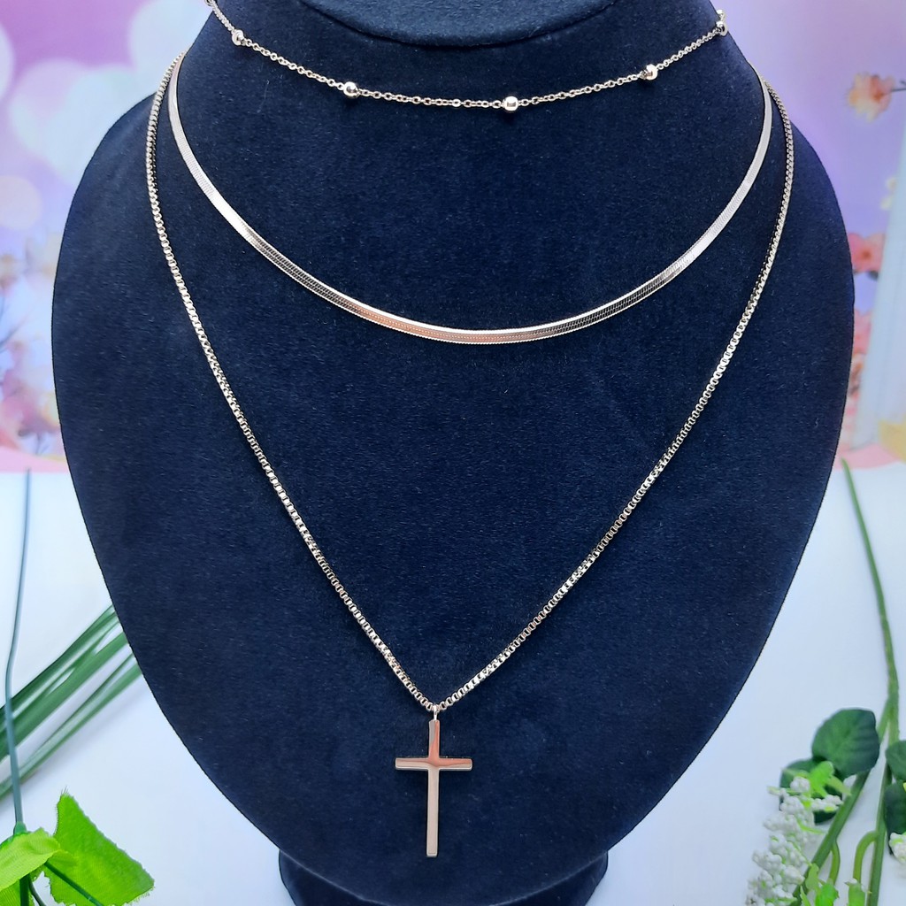 Kalung Titanium Salib 3 Leyer Warna Rose Gold