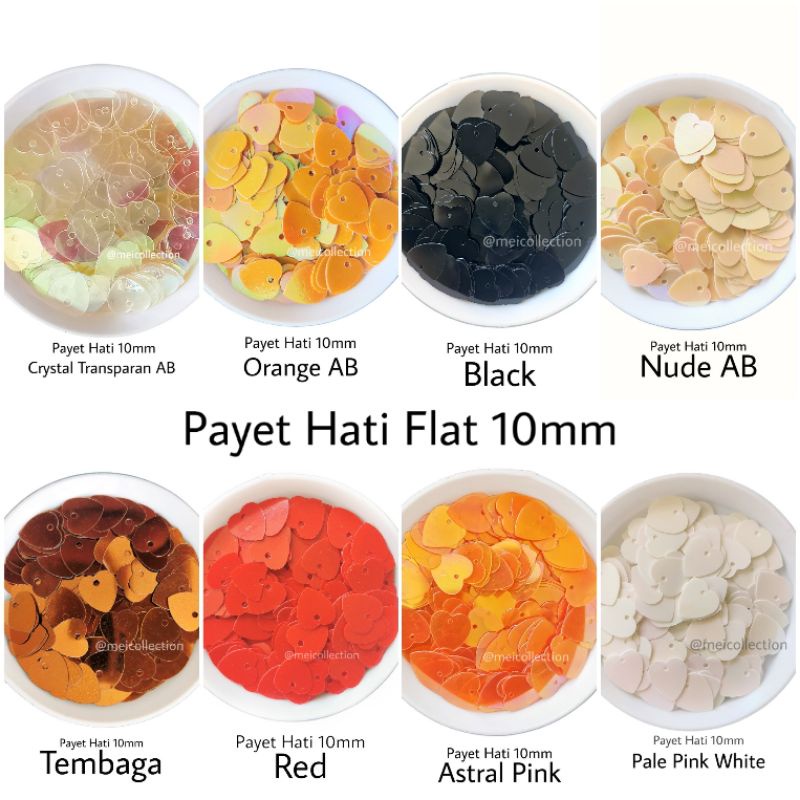 Payet flat hati heart 10mm borci bahan payet rangkai bunga 3d
