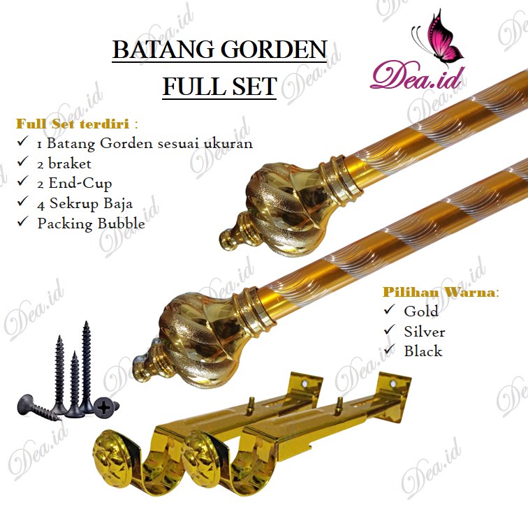 [DEASTORE] [1 METER] BATANG ROLLET GORDEN SOKA GOLD ULIR KRISTAL-FULLSET TIANG-PENUTUP-KAKI KAKI