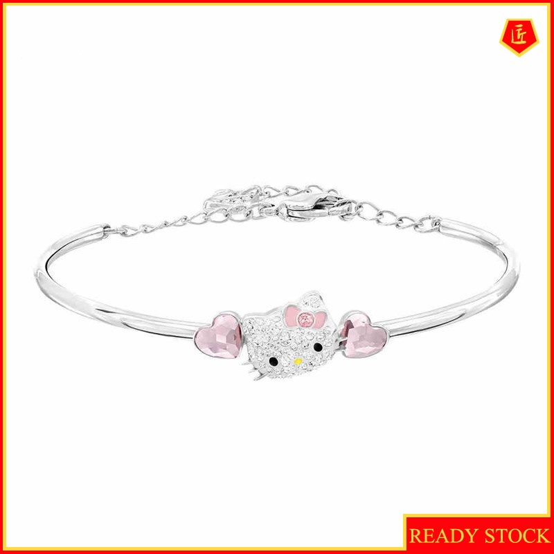 [Ready Stock]Elegant Pink Heart-Shaped Crystal Cartoon Cat Bracelet