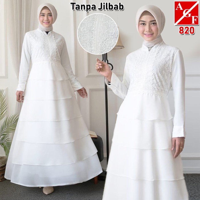 FASHION AGNES Baju Gamis Putih Wanita Brukat Busana Muslim Lebaran Pesta 820 - M TERMURAH