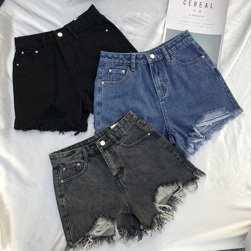 Hot pants celana pendek korean style wanita hitam/putih/biru muda celana sobek cewek ripped denim highwaist pants kekinian short pants ootd celana jeans jumbo