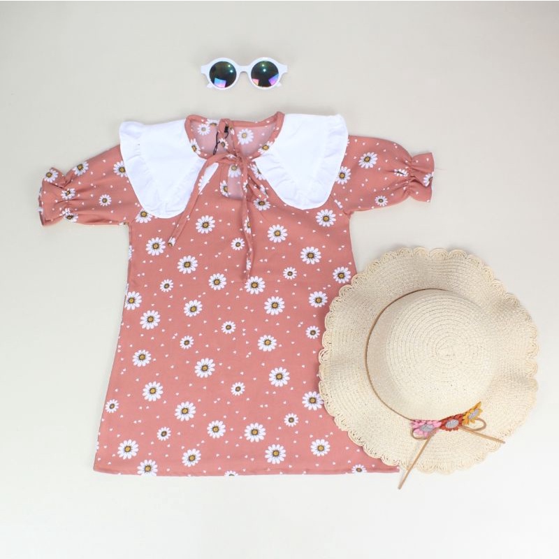 DAISY DRESS - Baju Setelan bunga motif kekinian Anak Bayi Baby Kids Cewek Perempuan syakila Lucu Murah 1 2 3 4-Dusty pink