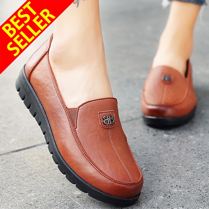 QINGSHUI Sepatu Wanita Flat Loafer Kulit Kasual Fashion Wanita Sepatu Kerja Nyaman