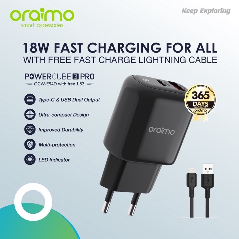 Oraimo OCW-E94DL PowerCube 3 Pro Charger Dual Port Fast Charging - Garansi 1 Tahun