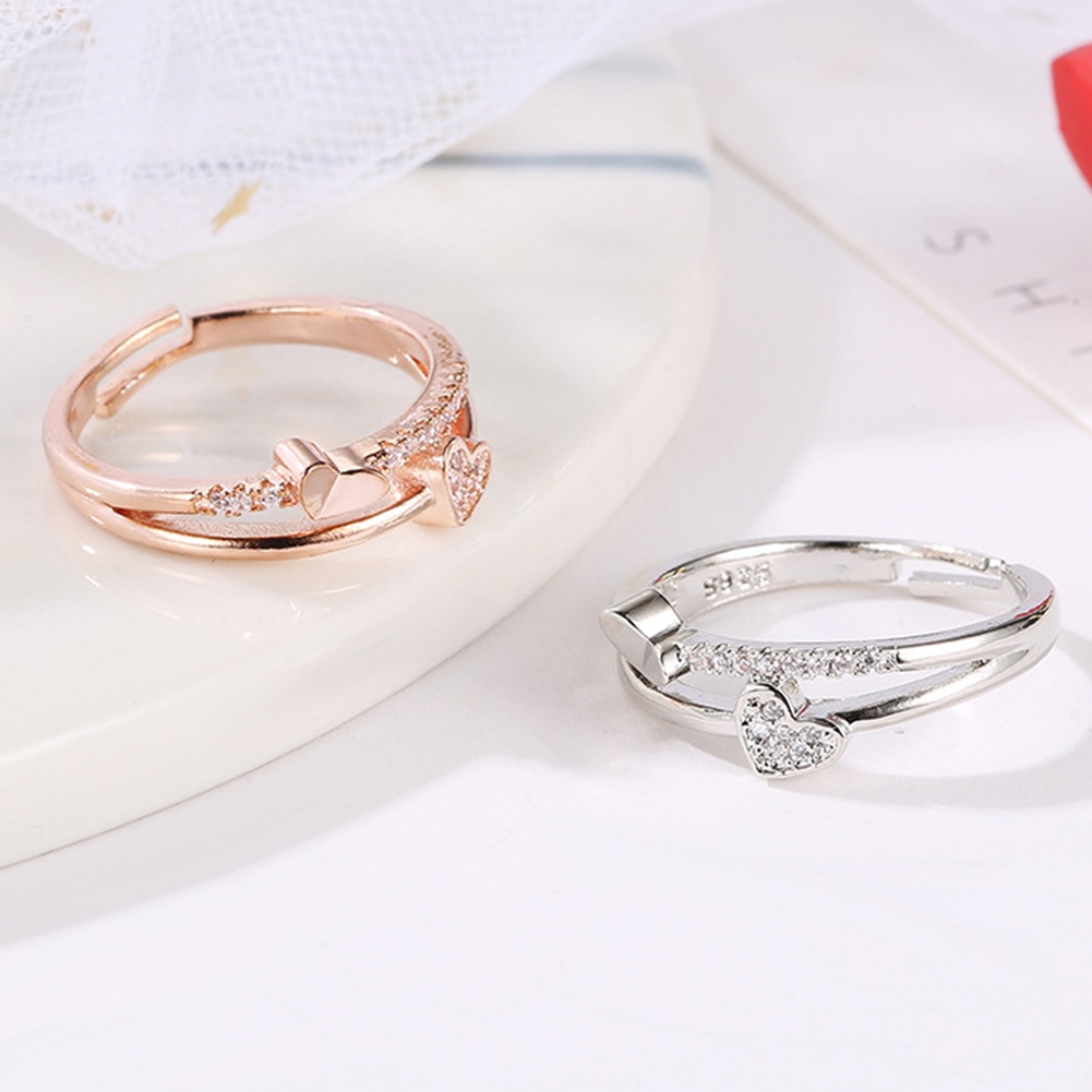 Hu Hu Hu Hu Hu Alat Bantu Pasang Kacamata♡ Cincin Model Terbuka Desain Hati Ganda Hollow Hias Berlian Imitasi Untuk Wanita