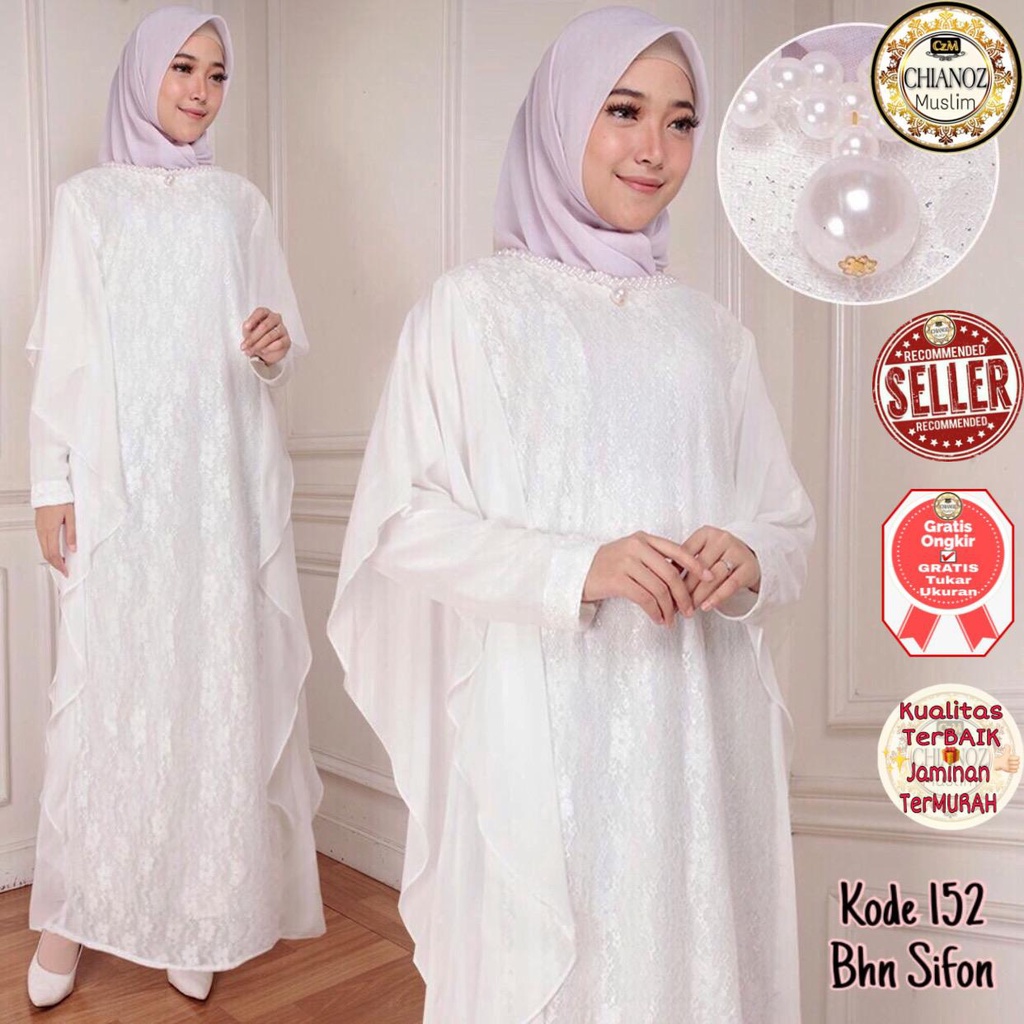 CHIANOZ Gamis Kaftan Putih Mewah Soraya Dress Brukat Renda Baju Lebaran Umroh Haji Manasik Pesta Akad 152 153