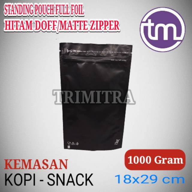 Kemasan 1kg Stand Standing Pouch Super Hitam 1100z Aluminium Foil Black Hitam Doff Matte Kemasan Kop