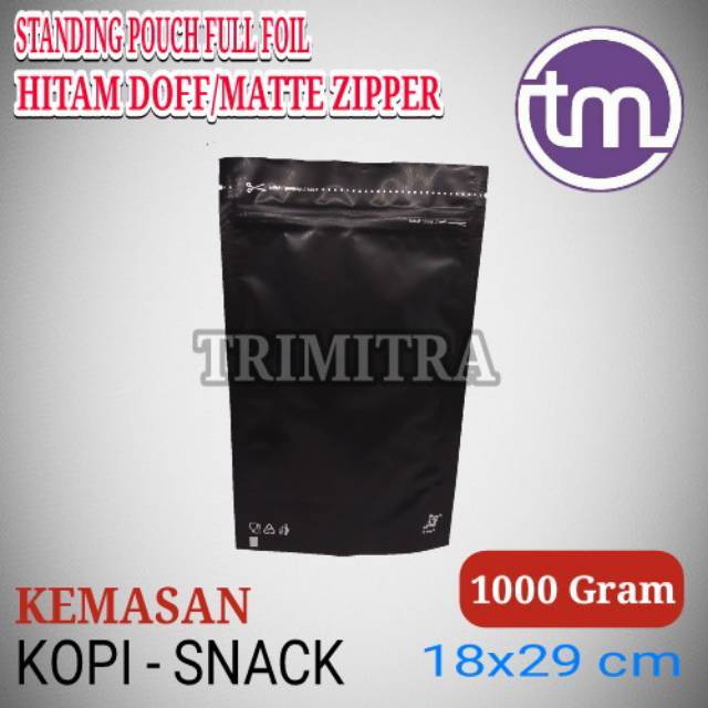 Kemasan Stand Standing Pouch Aluminium Foil Black Hitam Doff Matte Kemasan Kopi Zipper Klip 1 Kg