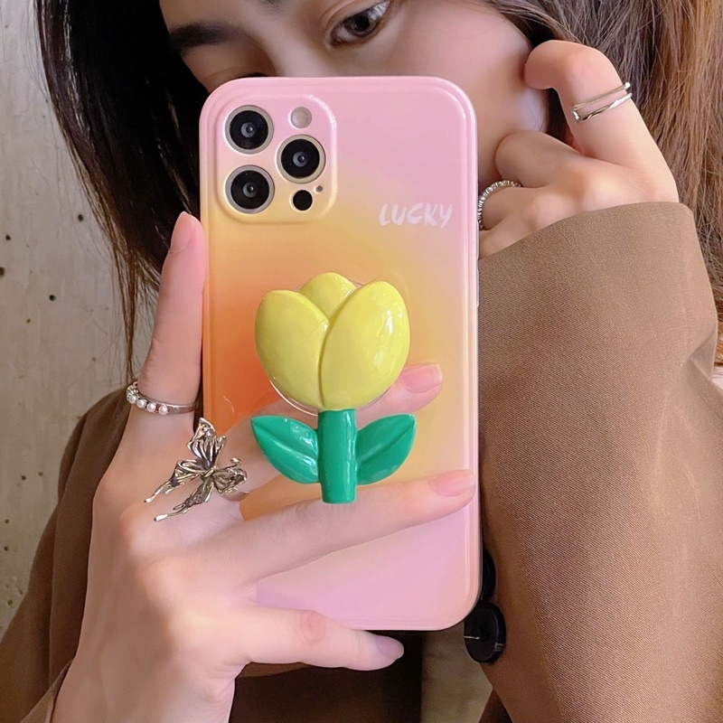 Pinky Orange Softcase With Tulip Holder for Case HP Lucu for iphone XS Max XR 11 Pro Max 12 Pro Max 13 Pro Max