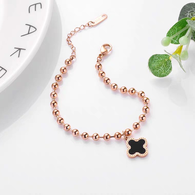 Indah High-End Manik-Manik Emas Kecil Manik-Manik Gelang Batu Akik Hitam Empat Daun Semanggi Gelang 18 K Rose Gold Color Preservation Bracelet