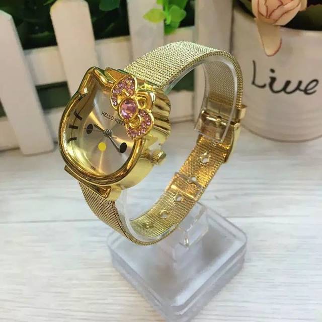 Jam Tangan Analog Anak Dewasa Perempuan Stainless Hello Kitty Emas