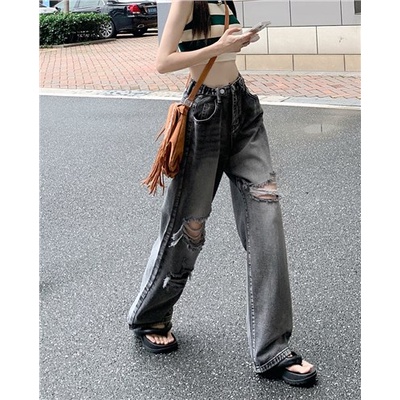 Suhao ripped retro jeans lurus wanita musim panas in high street high waist design sense niche celan