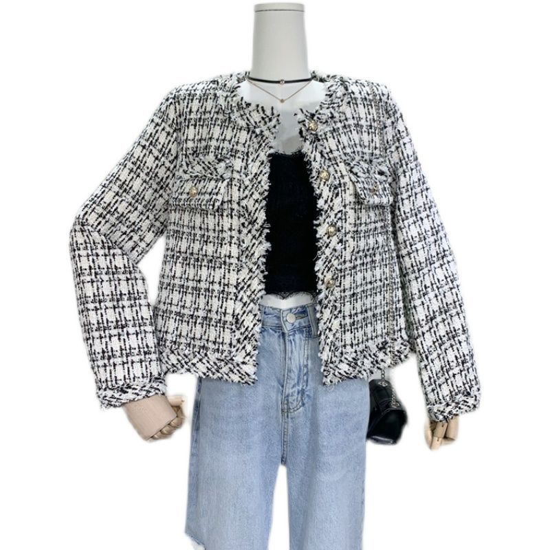 jaket korean style wanita selebritas small fragrance style brushed edge plaid coat slim woven tweed