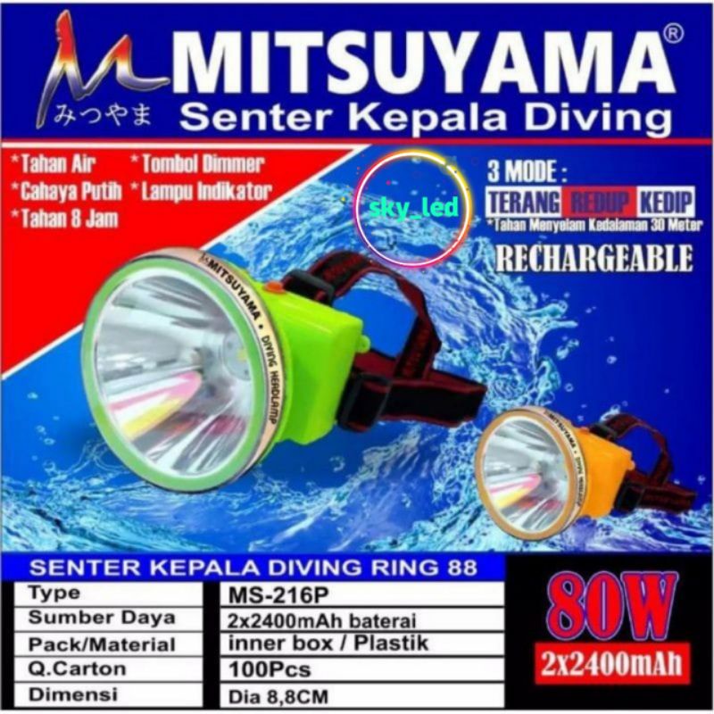 Senter Kepala Mitsuyama 80 watt MS-170P /ms-216P super terang/senter kepala anti air