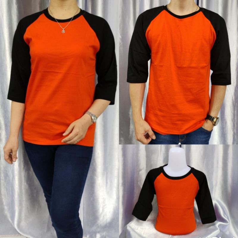 kaos polos raglan OREN-HITAM lengn 3/4 dewasa  Uk 20 22 S M L XL XXL