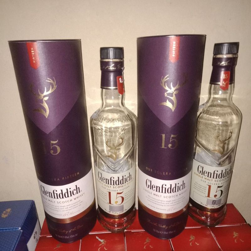 botol bekas miras glenfidch15+box / botol bekas unik impor glenfidich15