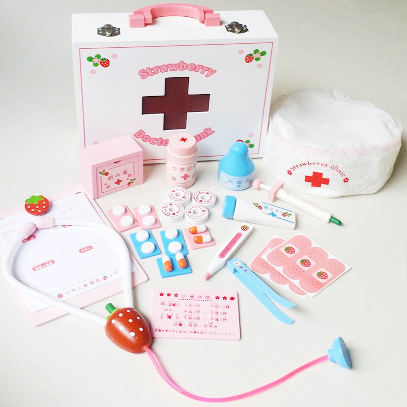 INSTAN MG Strawberry Doctor Trunk Set Kids Wooden Educational Toys Mainan Edukasi Anak Pretend Play 