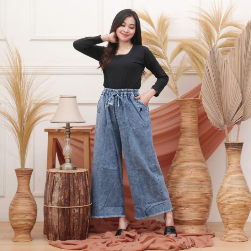 Jeans kulot masa kini - all size - pinggang karet - tali depan - bahan denim