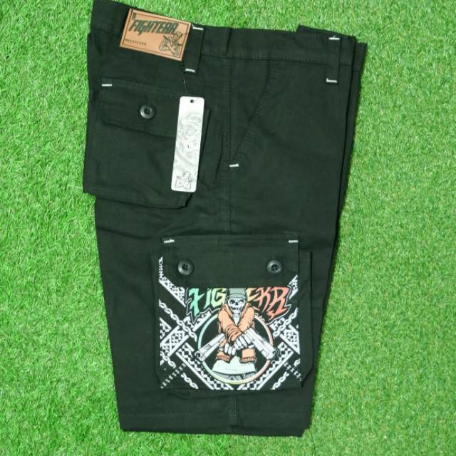 Celana pendek distro hitam celana kempol pendek motif tengkorak shortpant cargopant hitam motif L XL