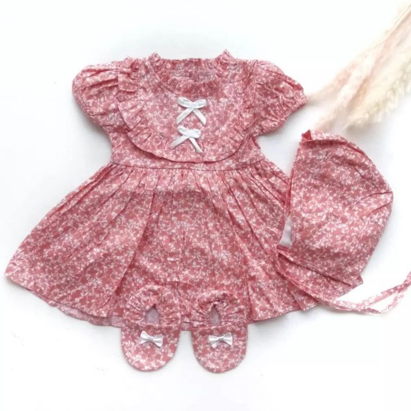 Dress bayi 0 6 12 bulan set sepatu bandana / bonnet Setelan Baju bayi Perempuan 100% Katun SNI Pakaian anak Cewek-0-6bln key pink tua