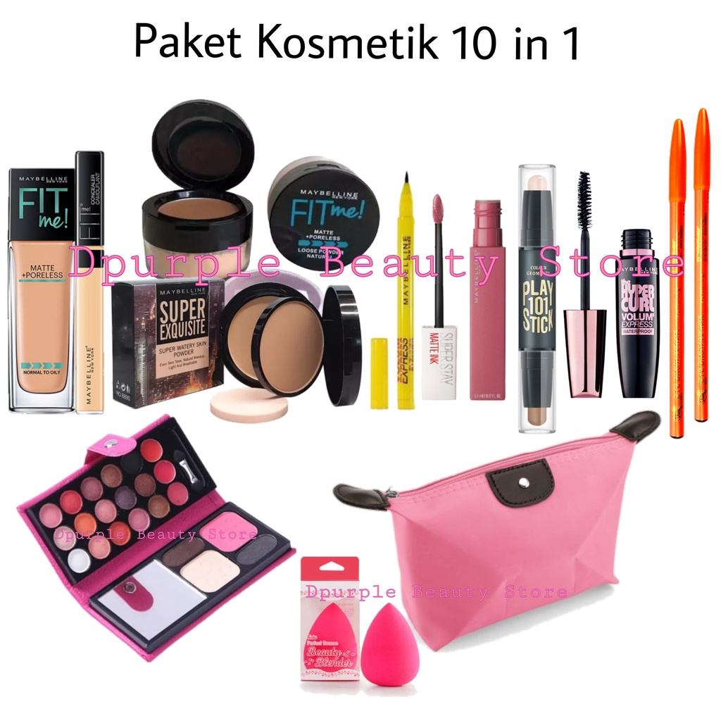 Paket Kosmetik Maybelline Super Hemat Lengkap 10 In 1 - Bedak Tabur - Bedak Padat &amp; Basah - Fondation - Concealer - Contour - Eyeshadow Dompet - Maskara - Eyeliner - Lipcream - Pensil Alis - Beauty Blender - Tas Kosmetik Pouch