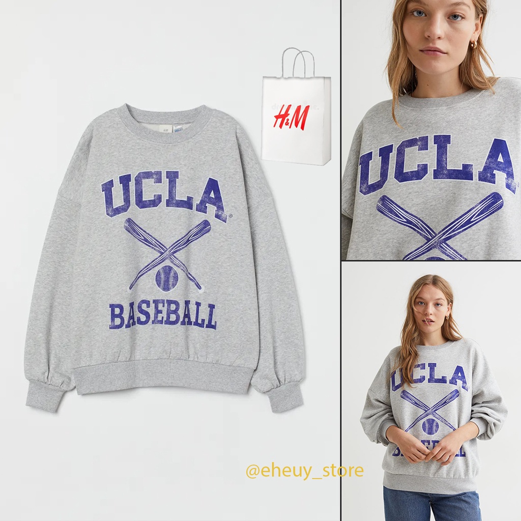 Crewneck H&amp;M Ucla baseball grey Sweater ucla wanita pria abu abu