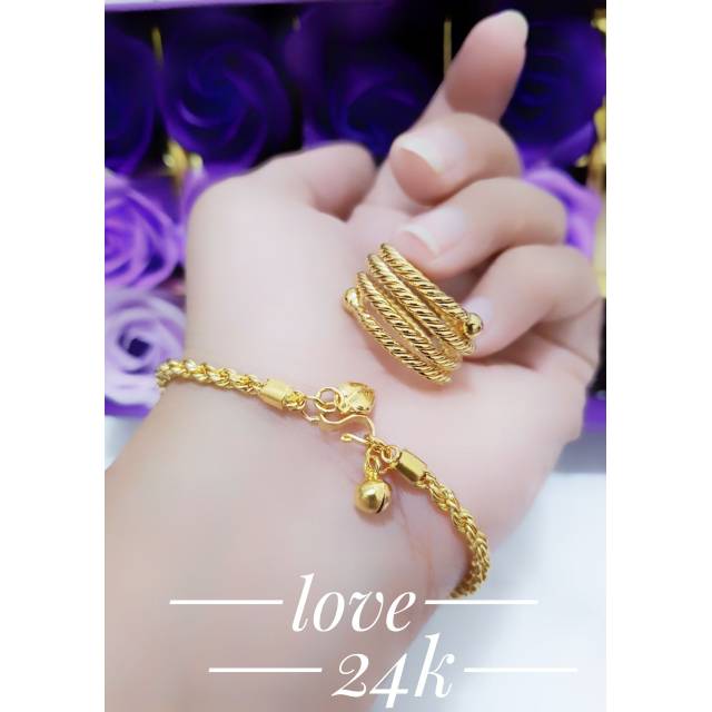 Set gelang tangan dan cincin dilapisi mas 24 k