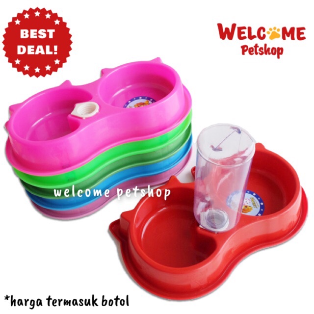 TEMPAT MAKAN KUCING ANJING ANTI SEMUT ANTI SLIP + BOTOL / Auto Refill (PLATE DOUBLE JUMBO + BOTOL)