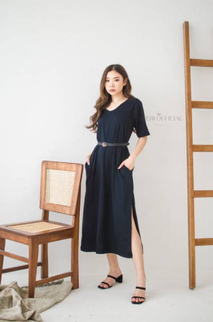 HYERIES VEBY Dress / Dress Casual Wanita / Side Slit Dress / Loose Maxi Dress Polos / Dress Jumbo