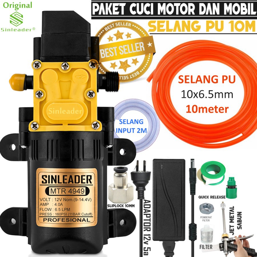 Paket Pompa Cuci Motor Mobil Selang PU 10mm 10Meter Sinleader 4949 - METAL