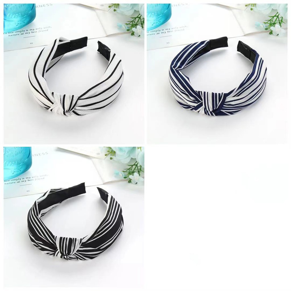 Headband Bando Korea Style Bandana Polos Bando Kain Motif Garis-Garis Bando Simpul Import