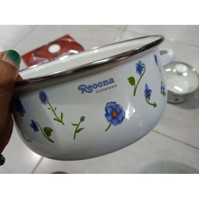 ➲ panci set enamel Reoona susun 3 tutup kaca (Model baru)