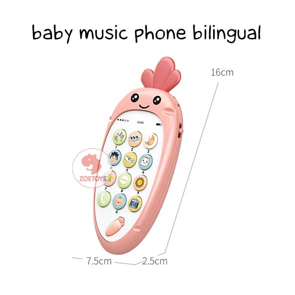 Zoetoys Baby Music Phone Bilingual | Handphone Carrot Teether Early Learning Sing Song | Telepon Kelinci Wortel Bunyi Belajar Bunyi dengan Lampu Musik Nyanyi HP Bayi | Mainan Edukasi Anak