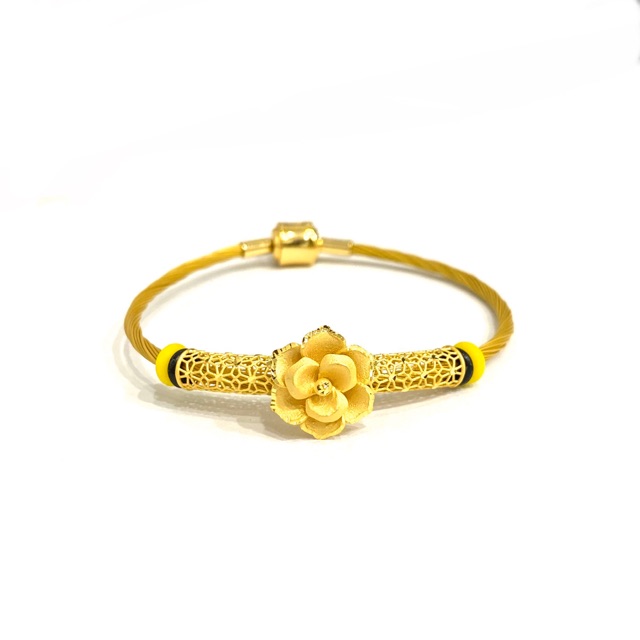 Gelang Tali Jepang Pandora Set Liontin Pipa Kembang Emas Asli Kadar 700