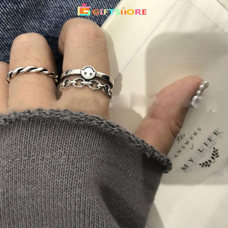 2 Pcs / Set Cincin Pria Rantai Yang Dapat Disesuaikan Modis Desain Wajah Tersenyum Fashionable Jari 