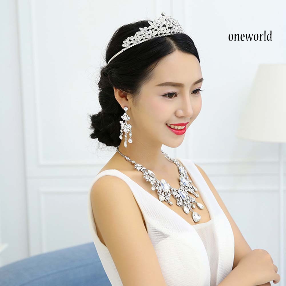 OW@ 2Pcs/Set Shiny Full Rhinestone Tassel Bridal Statement Bib Necklace Earrings