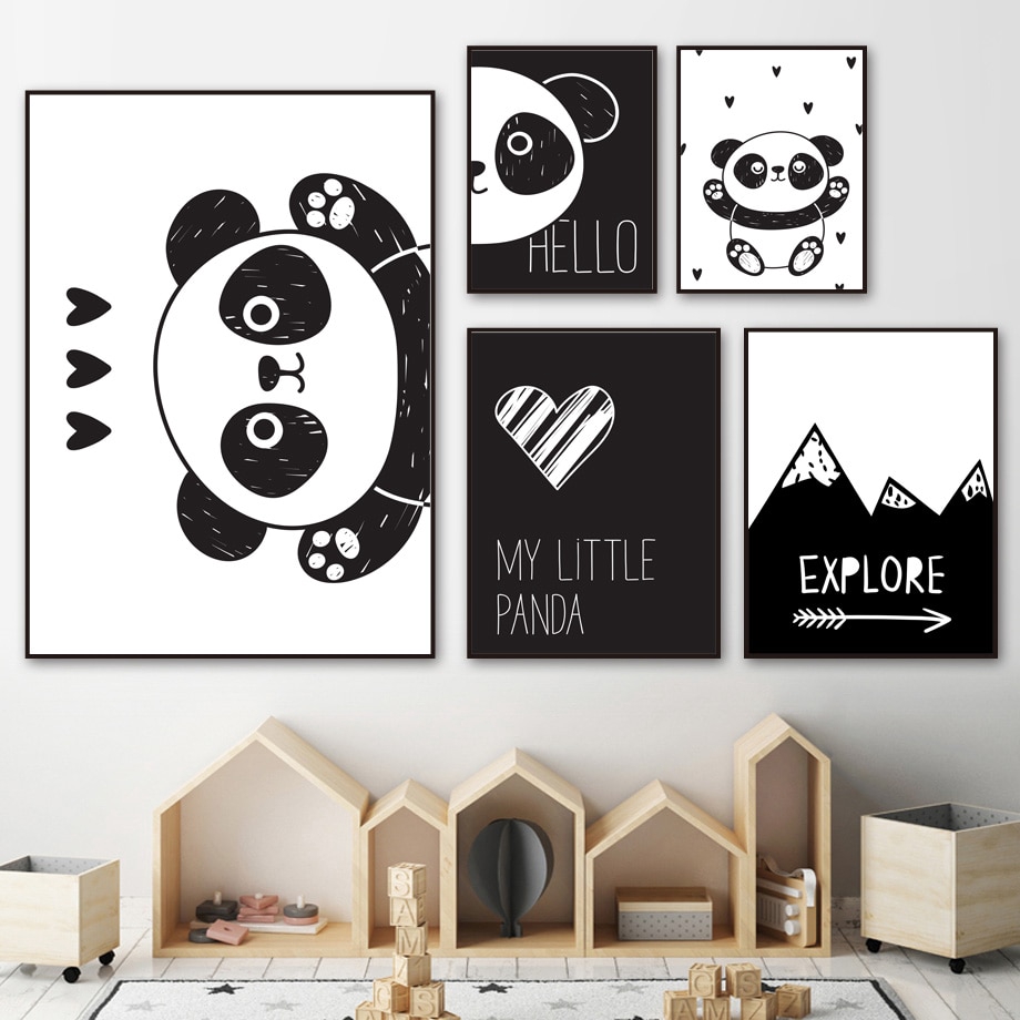 Poster Dinding Desain Kartun Panda Nordic Bahan Kanvas Warna Hitam