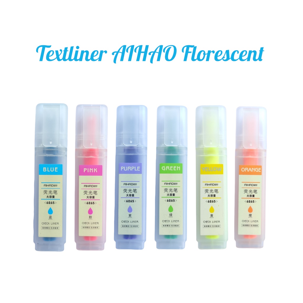 

Highlighter / Textliner impor AIHAO Warna Neon Florescent 6 Variasi Warna Tebal Tip 5mm #6265 – Jual Satuan SHABG