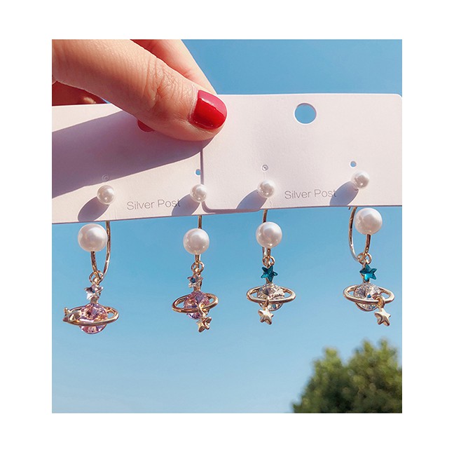 LRC Anting Tusuk Fashion 925 Silver Needle Saturn Pearl Hanging Earrings F5948X