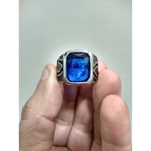 Cincin Batu Safir Royal Blue Saphire Ring Titanium Real Anti Karat Tahan Luntur Motif Retro Apex