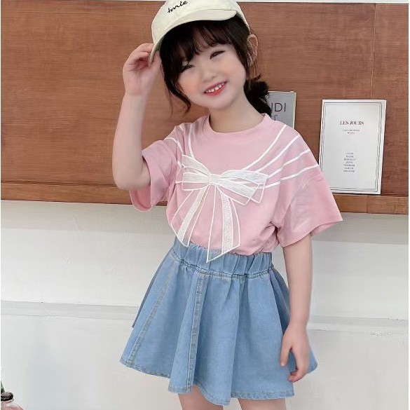 KF CAT Setelan Anak Perempuan Kaos Lengan Pendek +Rok Jeans Motif Pita 2IN1 Cotton Import Korea Style-3