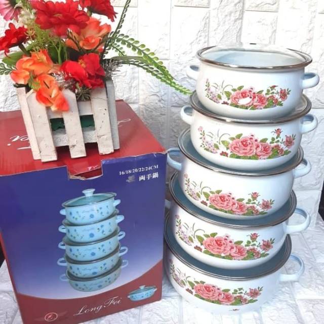 Panci Enamel Set Motif Bunga susun 5